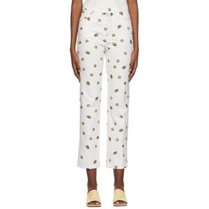 Reformation Mixed Emotions White Jeans with Smiley Embroidery